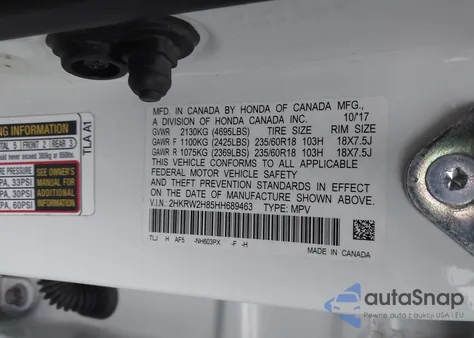2017 Honda Cr-V Ex-L/Ex-L Navi from USA, damaged, VIN 2HKRW2H85HH689463